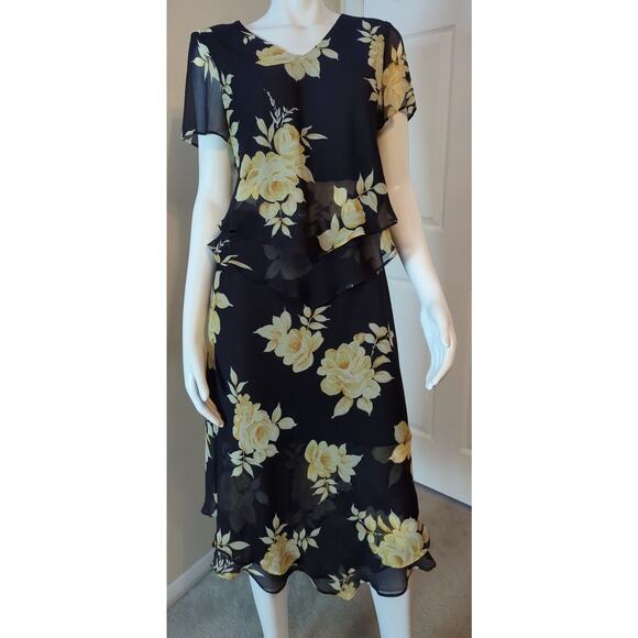 STUDIO I PETITE Two Piece Blouse Skirt Set Yellow Black and Cream Women size 10P - Picture 1 of 11
